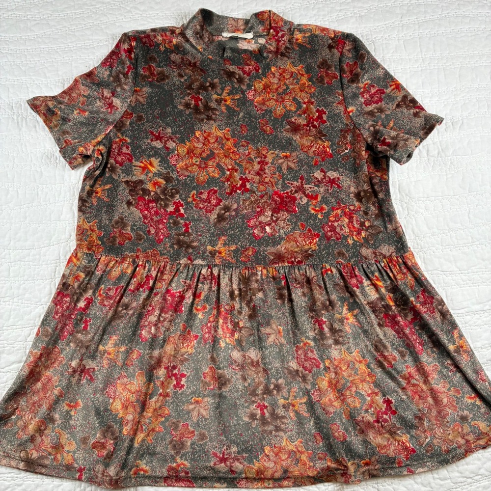 Entro Babydoll Top Women Medium Multicolor Floral Mock Neck Velvet Fall Boho